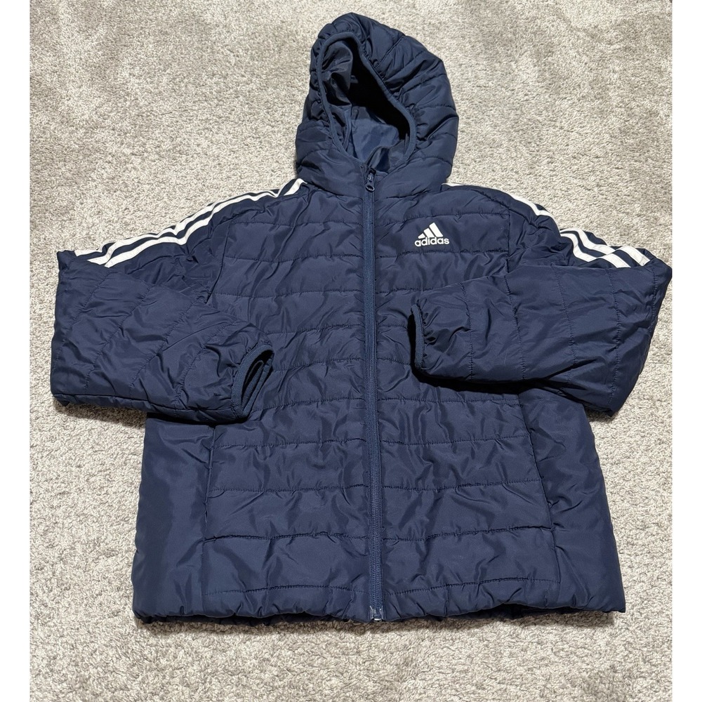 Adidas Jacket Boys Youth M 10/12 Navy 3-Stripe Puffer Hooded Full Zip Coat